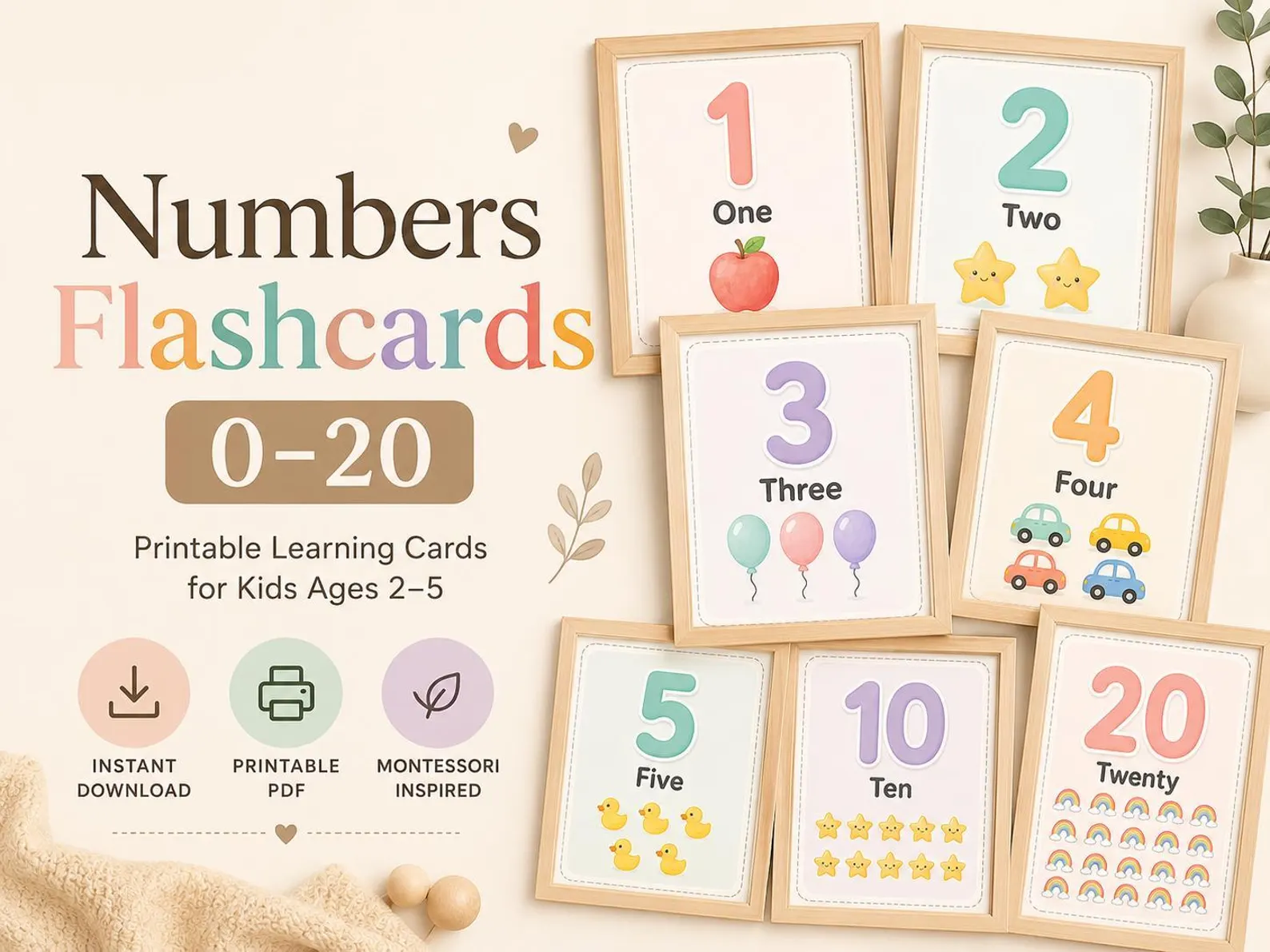 CuteLearner printable Numbers 1-20 Flash Cards Printable | Preschool Learning | Home Counting Activity | Toddler Math Flashcards | Kindergarten Printable | PDF
